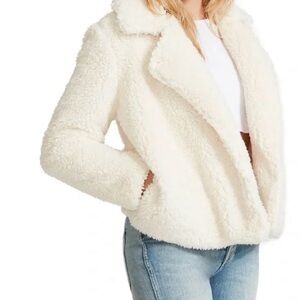 White Cream Long sleeves Fully Lined Crop Sherpa Coat Jacket